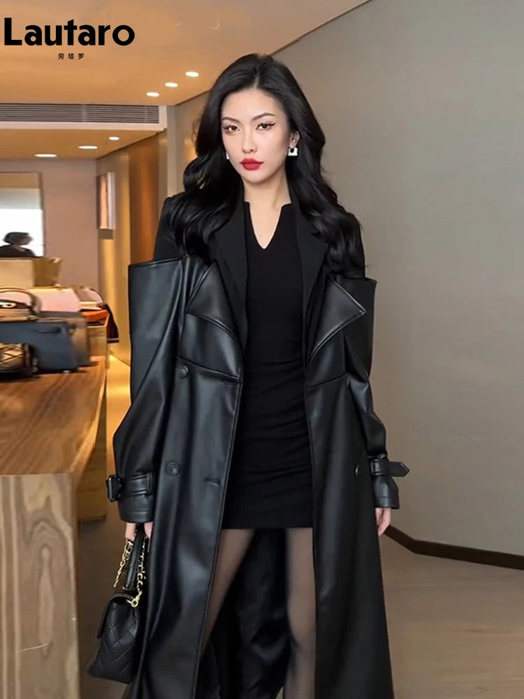 🍒Long black faux leather coat pu trench coat mixed media fashion womens autumn winter outerwear double breasted outerwear loose stylish luxury designer clothing Shoulder Bold