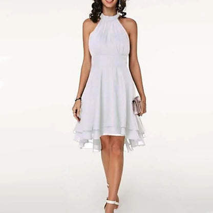 🍒Elegant summer dresses solid high waist halter sleeveless midi ladies high low outfit layered chiffon occasion party wear No Need To Look High And Low For This High Low