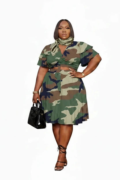 🍒Plus size skirt sets casual v-neck crop tops for women and matching camouflage short skirt two piece matching outfits Go Large In Camouflage
