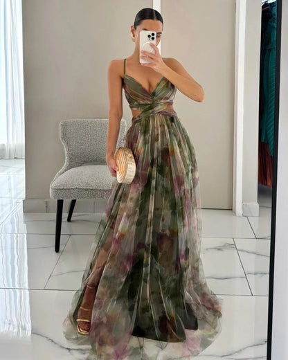 🍒Mesh evening dress spaghetti straps off shoulder vacation fashion outfit for summer party v-neck dress high waist backless occasion wear Mingle In A Mesh
