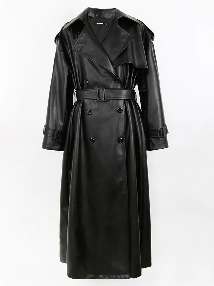 🍒 Lang oorgroot swart trenchcoat-kunsskaapleerbuitelaerdrag vir vroue dubbelbors-oorjas met gordel los slim-gemaklike buiteklere