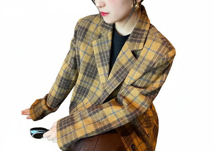 🍒Vroue bruin baadjie oesjaar wol geruite Baadjie herfs winter Britse styl nuwerwetse opvallende geel geruite jas langmou vroulike slim gemaklike klere Stewige Geruite Bekoring
