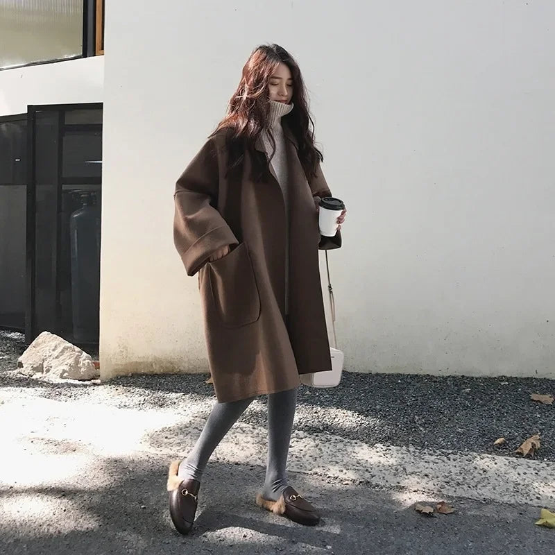 🍒Winterwol-trenchcoat vir vroue - middel-tot-lang los en veelsydige eenvoudige modestyl oorgroot jas baadjie slim gemaklike buiteklere vroue Sak 'n koel Baadjie