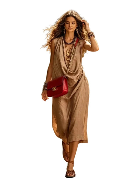 🍒A-line dress women v-neck outfits long draped neck summer wear sleeveless maxi outfit loose flowy casual fashion for holidays outfits vacation beach clothes Drapy Dream