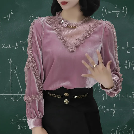 🍒Velvet patchwork blouse sweet womens ruffle top puff sleeve shirt vintage style clothing baroque beading sequin luxury lace fashion wear Move Into mauve