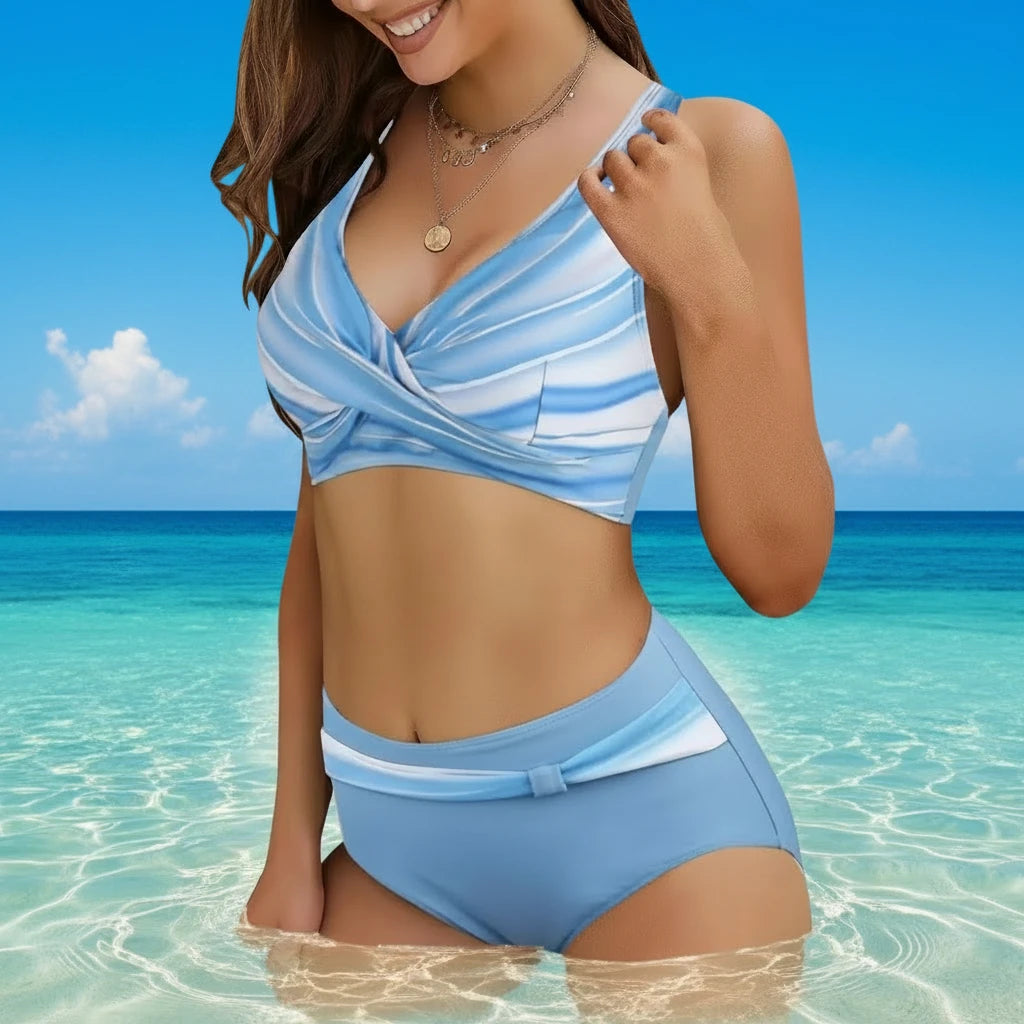 🍒V neck bikini set polka dot print swim set high waisted swim wear for women solid push up two-piece swimwear printed beach wear fashion get SET for the BEACH