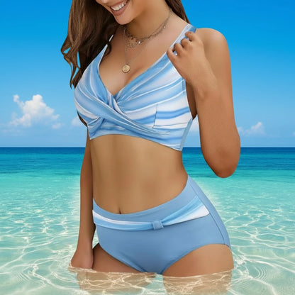 🍒V-nek-bikinistel kolletjies-druk swemstel hoë middellyf swemdrag vir vroue soliede opstoot-tweedelige swemdrag gedrukte stranddrag-mode maak reg vir die STRAND
