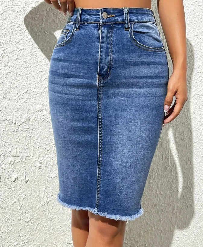 🍒 Denim knielengte middellengte romp skraal pasvorm hoë middellyf effekleurig gemaklik vrouemode gereelde elegante rousoom liggaamsnaby knoop en met sakke vroulike somerklere Denim Dagdoener