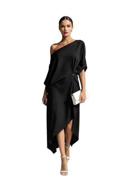 🍒Cold shoulder midi dress loose solid draped knot waist Irregular hem outfit for occasion holiday evening wear women elegant guest wear Pretty Perfect Pinched