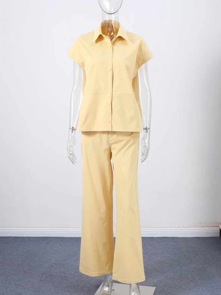 🍒Straatstylbaadjie-uitrusting met wye pypbroek en kortmou-oorgrootbaadjie-stelle kraag enkelbors-onderbaadjie vroue wye pypbroek somer gemaklike uitrustings Geen BROEK in Hierdie MOUloos