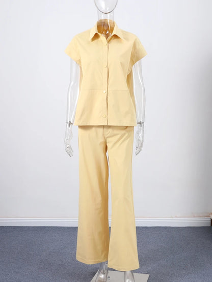 🍒Straatstylbaadjie-uitrusting met wye pypbroek en kortmou-oorgrootbaadjie-stelle kraag enkelbors-onderbaadjie vroue wye pypbroek somer gemaklike uitrustings Geen BROEK in Hierdie MOUloos