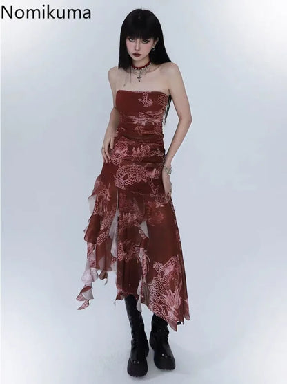 🍒Womens print chiffon dress party occasion wear sleeveless outfit women summer wear clothes Irregular fashionwear Relax In Red Rebel