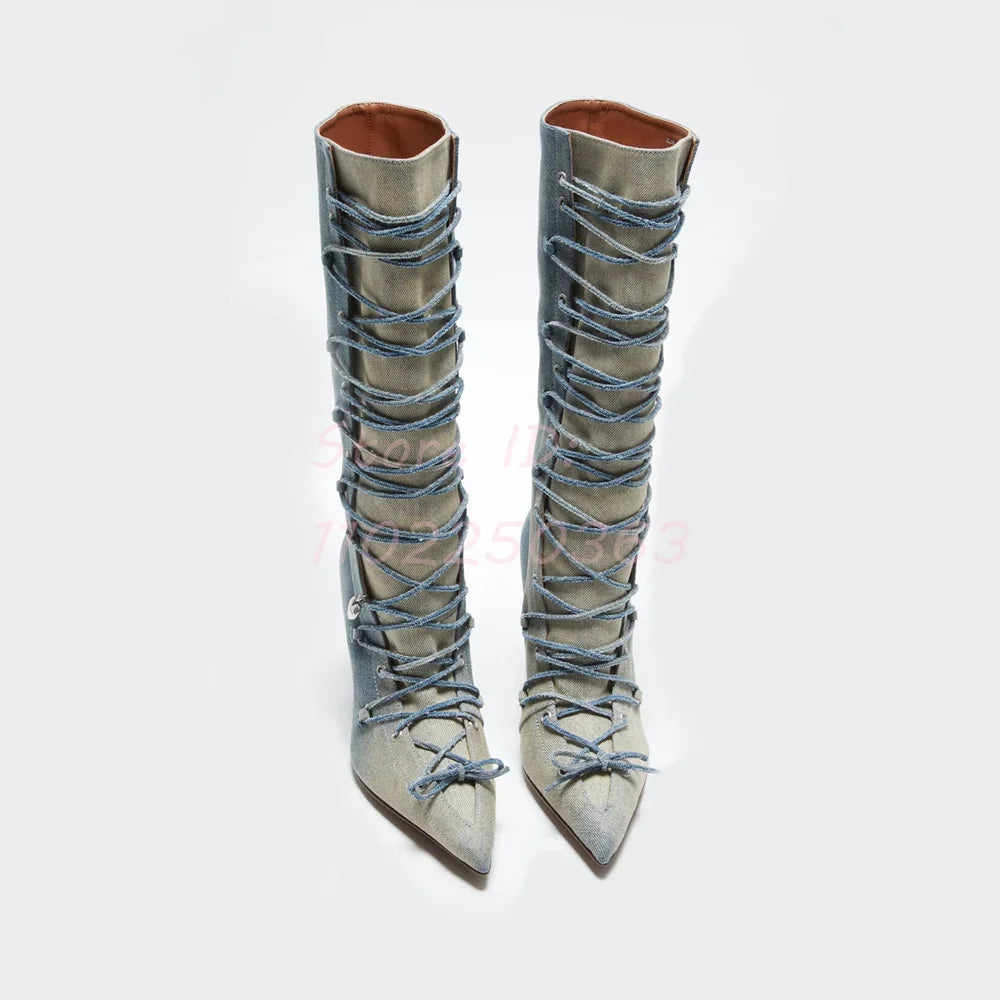 🍒Lace up jeans boots blue with heel long pointed toe stilettos runway fashion shoes modern denim footwear for women Dressy Denims