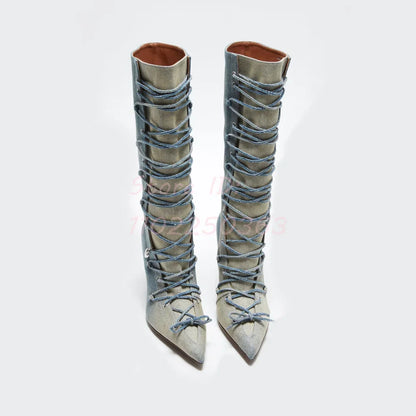 🍒Lace up jeans boots blue with heel long pointed toe stilettos runway fashion shoes modern denim footwear for women Dressy Denims