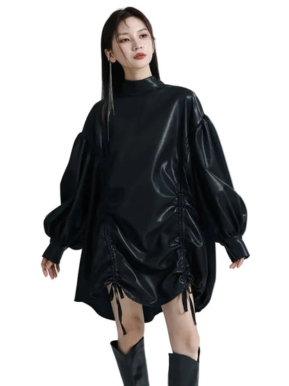 🍒Womens leather top drawstring turtle neck oversize jacket spring autumn fashion long sleeve outwear top smart casual clothing Get Looks In A Leather Look