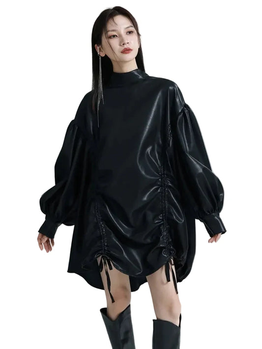 🍒Womens leather top drawstring turtle neck oversize jacket spring autumn fashion long sleeve outwear top smart casual clothing Get Looks In A Leather Look