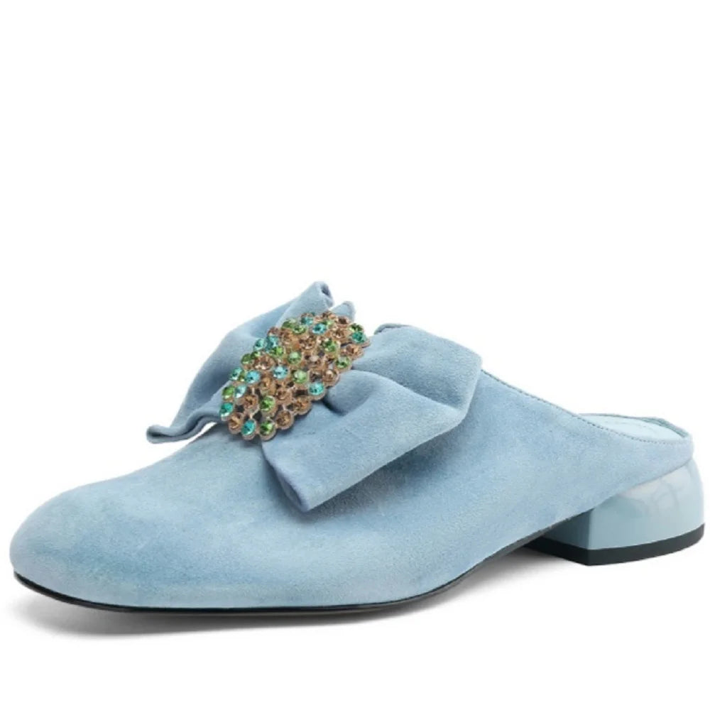 🍒Handmade genuine leather shoes suede footwear for occasion slippers for women mules round toe low heel mules summer footwear female 34-41 Look Slip On Your Bow With A Bow Slipper