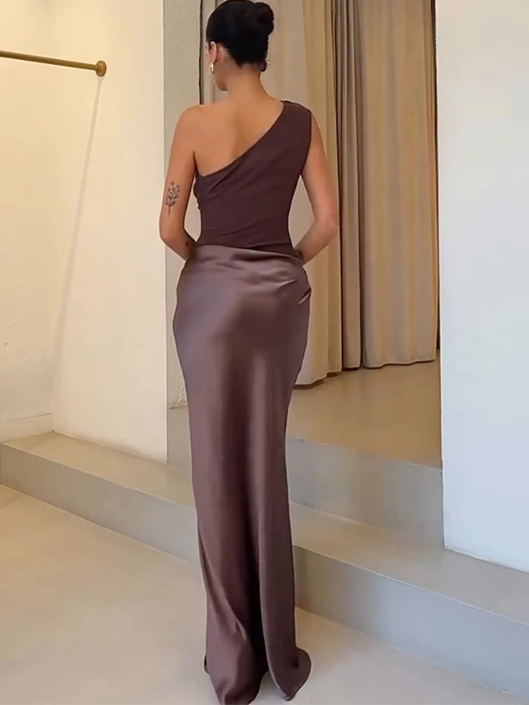 🍒Mixed media outfit satin one shoulder maxi dress brown sleeveless evening dress for  Summer slim elegant party clubwear Look SMOOTH In CHOCOLATE
