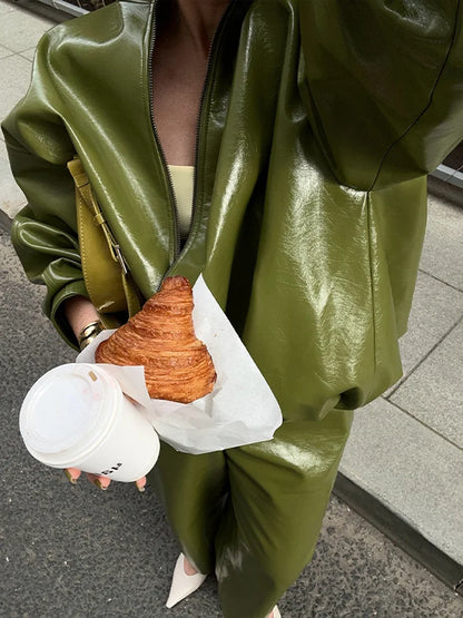 🍒Leather fashion jackets women skirt sets zipper loose coat wth stand up collar and straight midi skirt chic autumn party wear occasion wear smart casual clothing for women They Will Envy Your Leather