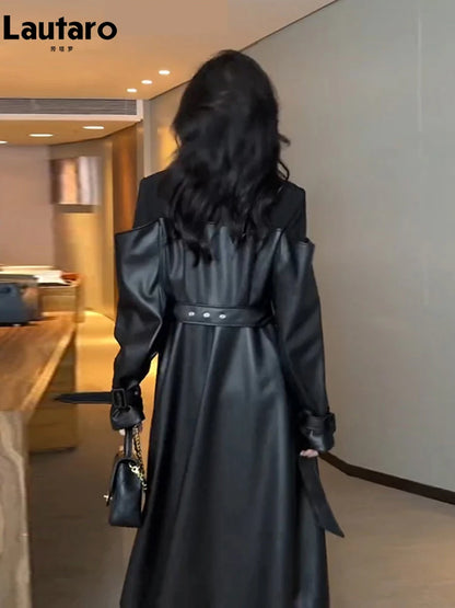 🍒Long black faux leather coat pu trench coat mixed media fashion womens autumn winter outerwear double breasted outerwear loose stylish luxury designer clothing Shoulder Bold