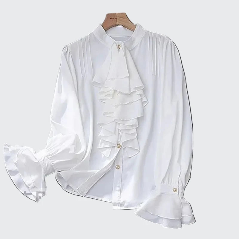 🍒Vintage blouse court style button fold flare sleeve slim pure white shirt with ruffles women elegant stand collar top female smart casual wear office clothing occasion clothing  No One Will Judge You With This Cool Court Style Blouse