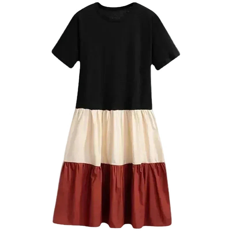 🍒T-shirt dress women colour block outfit loose fit plus size summer fashion stripe clothing stylish medium length over knee a-line fashion wear holiday wear Blocks Of Style