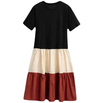 🍒T-shirt dress women colour block outfit loose fit plus size summer fashion stripe clothing stylish medium length over knee a-line fashion wear holiday wear Blocks Of Style