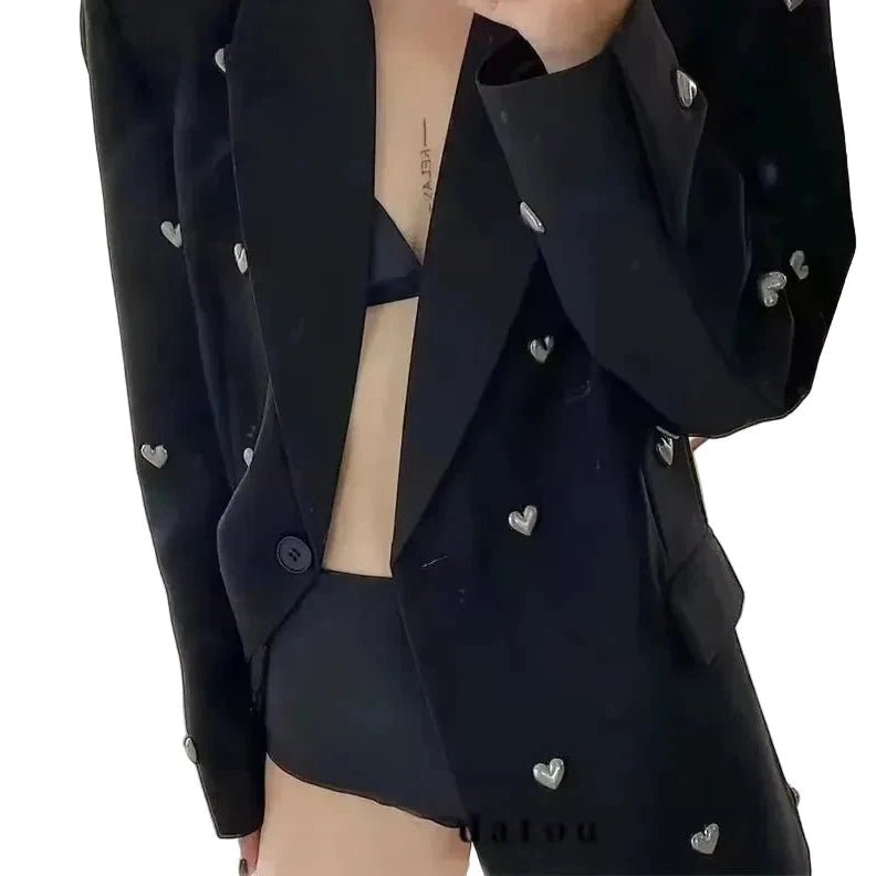 🍒Fashion lapel jacket metal hearts detail lapels blazer for women smart casual ladies office wear suit coat cool party wear occasion jacket Be A Boss GIrl And Wear Your Heart On Your Sleeve