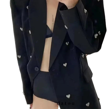 🍒Fashion lapel jacket metal hearts detail lapels blazer for women smart casual ladies office wear suit coat cool party wear occasion jacket Be A Boss GIrl And Wear Your Heart On Your Sleeve