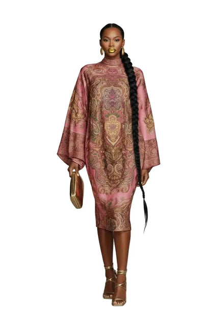 🍒Wide sleeve loose dress smart casual holiday wear occasion wear for women ethnic style outfit silky printed fashion semi high neck runway style midi dress Ethnic Ease