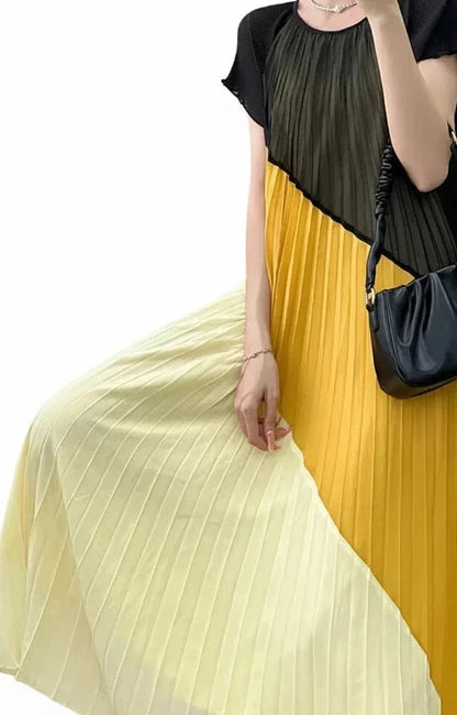 🍒Mid length dresses for women casual outfit short sleeve smart three-residence series round neck clothes fashion pleated loose waist summer wear Angle To A Diagonal