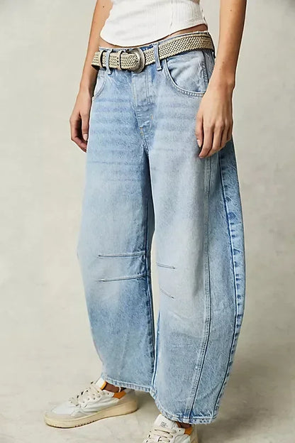 🍒Los middellyf Jeans gebleikte denimstyl vol lengte broeke mode soliede kleur broeke met sakke gemaklike drag vir vroue Barrels Of Style
