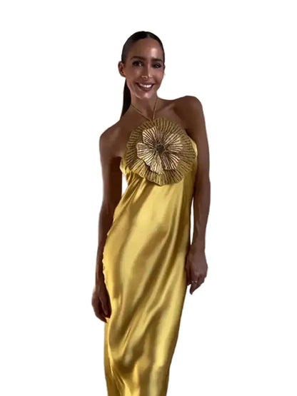 🍒Party dress for women gold outfit for ladies with 3D flower Halter sleeveless backles maxi satin occasion wear evening wear for holiday italian made feminine dresses for summer chic fashion Fem Fleur Fashion