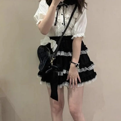 🍒Tiered pink mini skirt harajuku sweet lolita a-line fashion for women Y2k high waist cake skirts with ruched lace summer fashion wear smart casual clothing Put The Cherry On Top And Add This Cake To Your Wardrobe