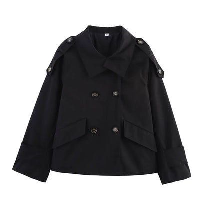 🍒Vintage double breasted trench commuter coat women loose long sleeve Jacket spring autumn elegant stand collar outerwear
