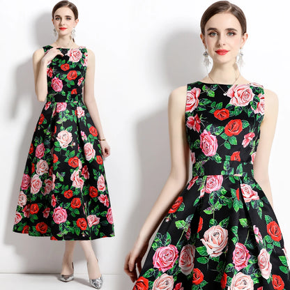 🍒Designer fashion dress floral print clothing vintage a line party wear outfit for women birthday dinner retro runway occasion wear  make ARRANGEMENTs for these FLOWERs