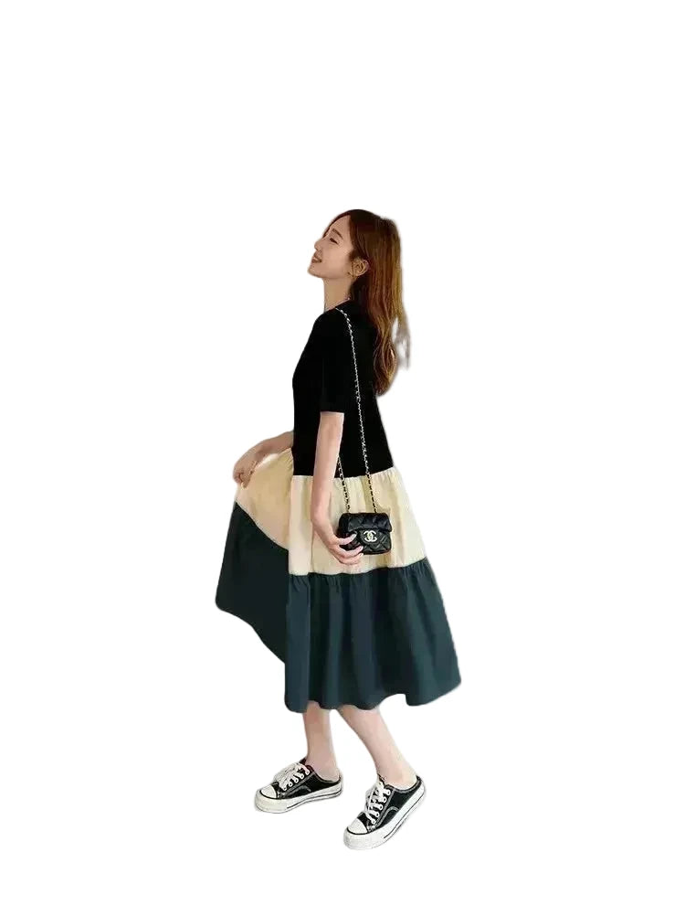 🍒T-shirt dress women colour block outfit loose fit plus size summer fashion stripe clothing stylish medium length over knee a-line fashion wear holiday wear Blocks Of Style