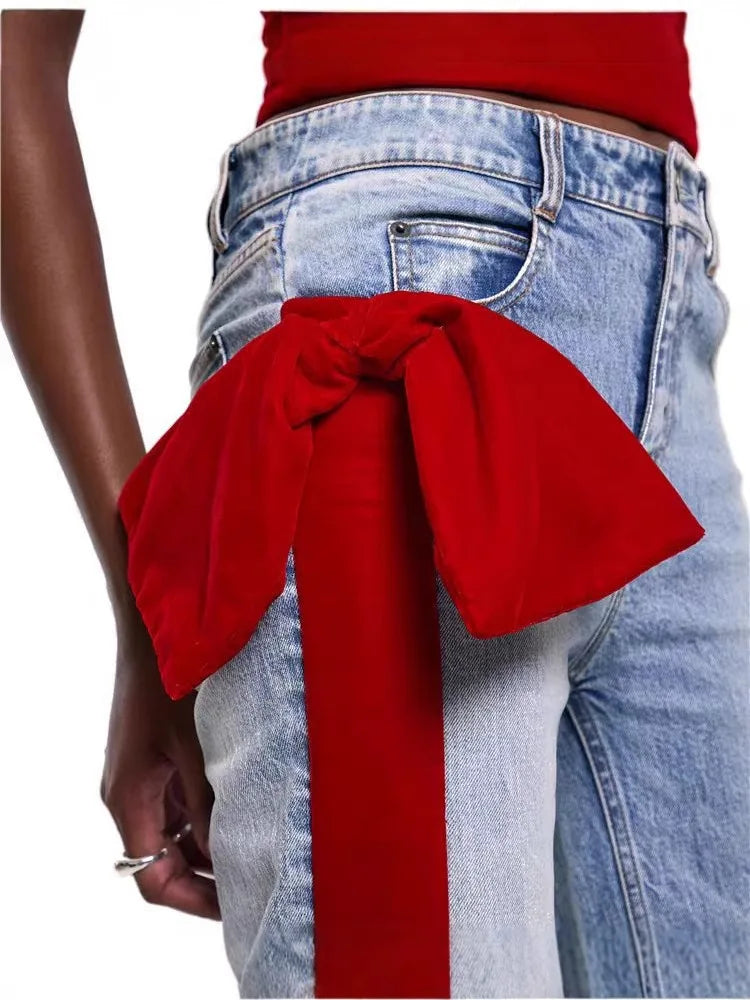 🍒Women's spring/autumn style Jeans fashion versatile slim Fit casual pants with linear and  bow detail decoration tie bow trousers  flared leg denim Line Up For These Bow Lines