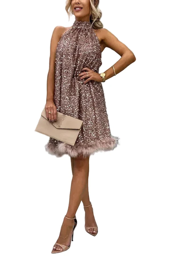 🍒Sequins a line dress slim dress womens sleeveless tie bow party wear clothing occasion outfit with feather trim solid Club wear Fun Festive Feathers