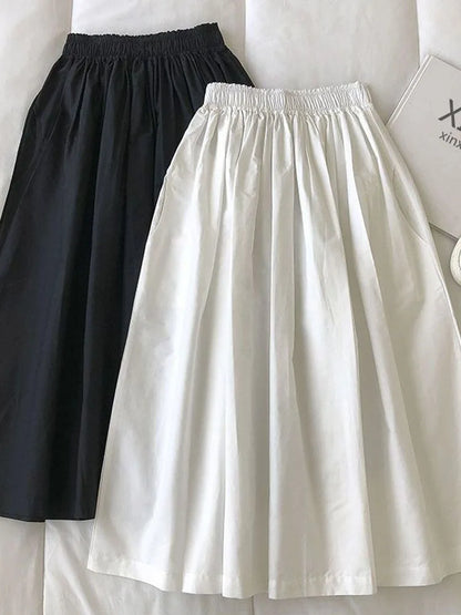 🍒Geplooide knielengte romp met sakke, vroue wit lang romp, eenvoudige mode, somerklere, slim toevallige drag, alledaagse noodsaaklikhede, alledaagse drag, elegante hoë middellyf A-lyn vroueromp uitrusting, Eenvoudig Maklik