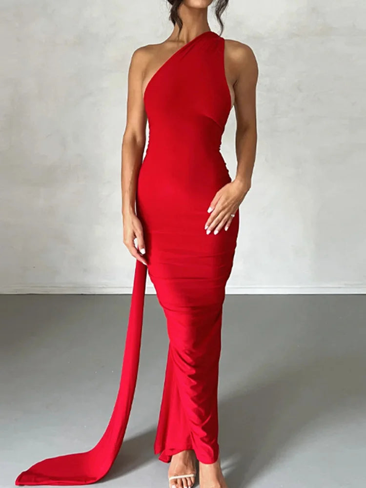 🍒One shoulder sleeveless dress backless maxi neon Y2K occassion outfits for women ruched maxi dress clubwear  birthday clothing party evening wear prom frock No BODY Will Be CROSS with this