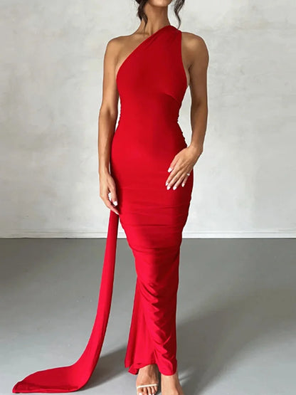 🍒One shoulder sleeveless dress backless maxi neon Y2K occassion outfits for women ruched maxi dress clubwear  birthday clothing party evening wear prom frock No BODY Will Be CROSS with this