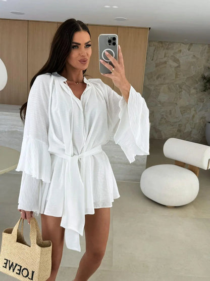 🍒Elegante opvourok vir vroue bruin diep v-nek langmou mini-rok vroulike lente somer los modeklere partytjie geleentheid drag Blouse Up In  a Dress