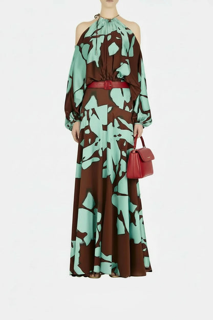 🍒Elegant evening dresses vacation style outfits printed off shoulder with slits party evening wear fashion clothing for women Look Sound In Aqa Brown Gown