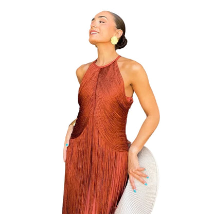 🍒Multi-layer tassel dress women's solid o-neck sleeveless cocktail dress elegant female fashion ball party outfit occasion wear club wear holiday beach party wear No Tossle Tassle