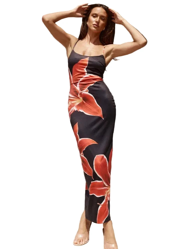 🍒 Summer printed maxi dress floral women spaghetti straps clothes holiday wear outfits backless fashion smart casual wear female long dress mini floral