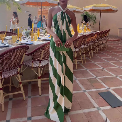 🍒Halter gestreepte rok vir vakansie sjiek geplooide ruglose uitrustings moulose somerdrag partytjie-geleentheidsklere Eet Jou Groente In Jou Aandrok Groen