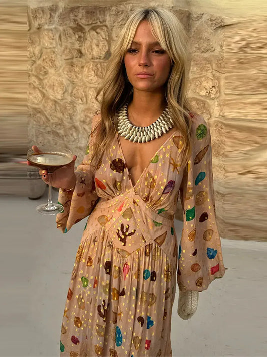 🍒Mesh maxi dress printed for women v-neck long Sleeve drapey maxi outfit boho summer party clothing occasionwear dresses This diamond Is Gold