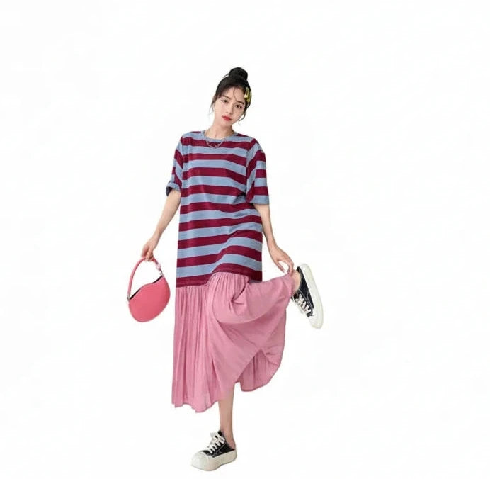 🍒Summer women midi dresses plus size false two-piece cotton stripe mixed media outfit casual wear holiday fashion wear stripee Plain And Simple