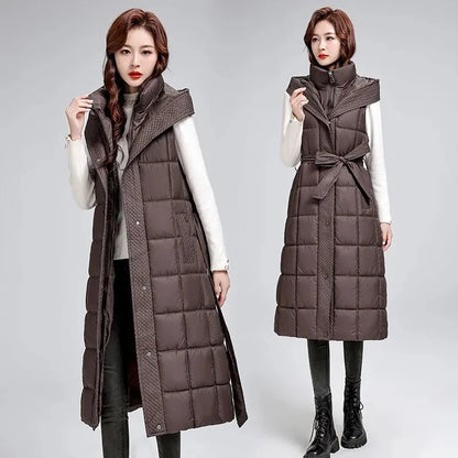 🍒无袖羽绒服女长款外套马甲秋冬连帽长款夹克羽绒填充马甲女冬时尚Get Down With Puffers